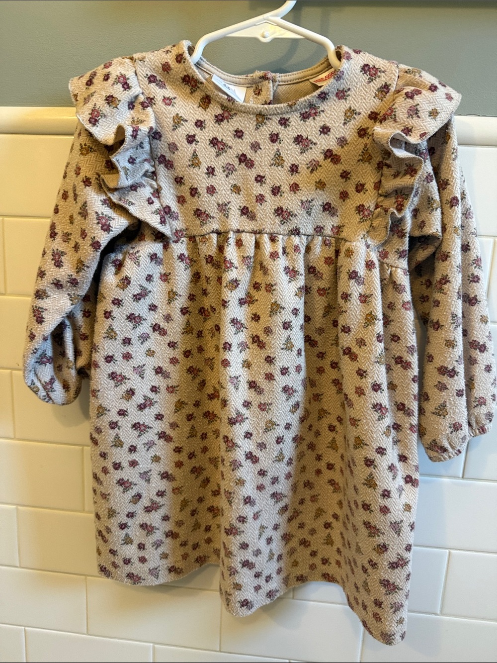 Zara Girls' Long Sleeve Floral Ruffle Dress - Beige with Pink and purple Flowers